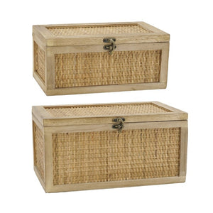 English Elm Set of 2 Handcrafted Rattan and Fir Wood Stackable Storage Boxes with Bronze Latches W2078P542157