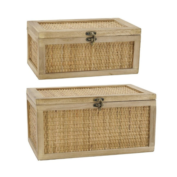 English Elm Set of 2 Handcrafted Rattan and Fir Wood Stackable Storage Boxes with Bronze Latches W2078P542157