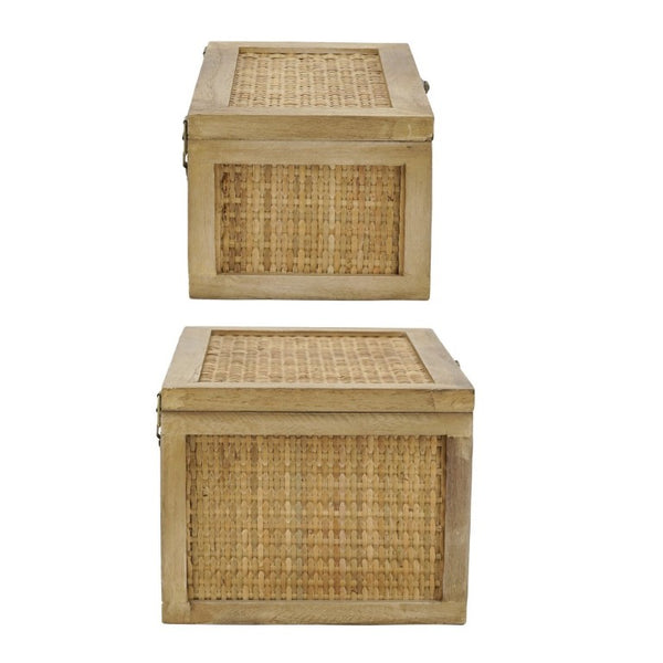 English Elm Set of 2 Handcrafted Rattan and Fir Wood Stackable Storage Boxes with Bronze Latches W2078P542157