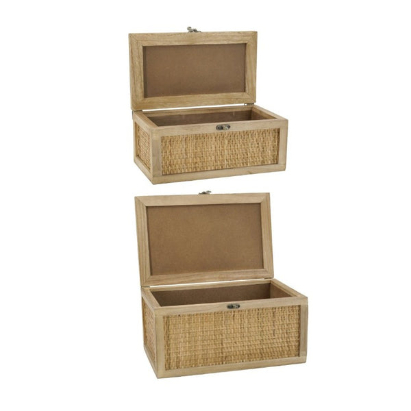 English Elm Set of 2 Handcrafted Rattan and Fir Wood Stackable Storage Boxes with Bronze Latches W2078P542157