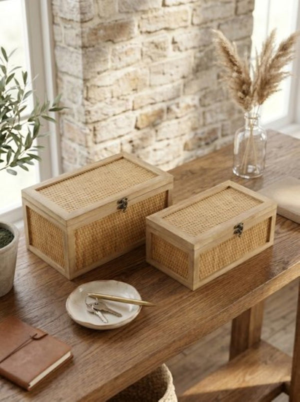 English Elm Set of 2 Handcrafted Rattan and Fir Wood Stackable Storage Boxes with Bronze Latches W2078P542157