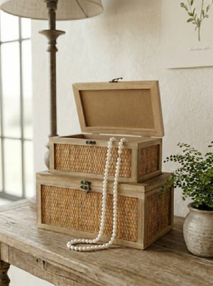 English Elm Set of 2 Handcrafted Rattan and Fir Wood Stackable Storage Boxes with Bronze Latches W2078P542157