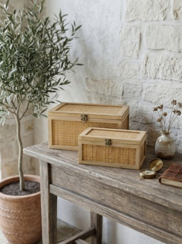 English Elm Set of 2 Handcrafted Rattan and Fir Wood Stackable Storage Boxes with Bronze Latches W2078P542157