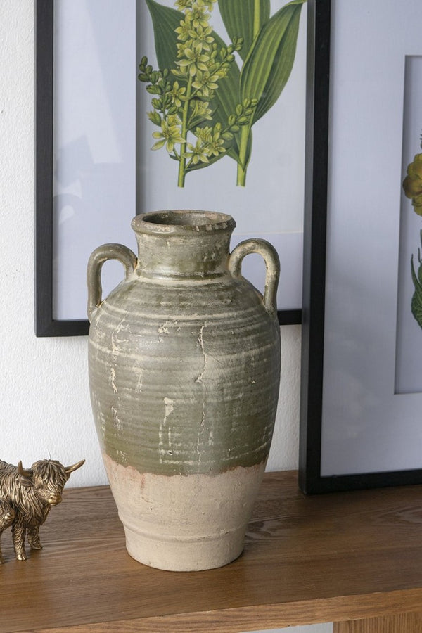 English Elm 8.7X8.7x15.7 Terracotta Amphora Vase Aged Green Glaze Handcrafted Old World Decor W2078P549366