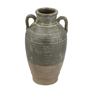English Elm 8.7X8.7x15.7 Terracotta Amphora Vase Aged Green Glaze Handcrafted Old World Decor W2078P549366