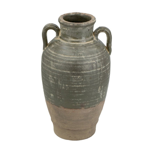 English Elm 8.7X8.7x15.7 Terracotta Amphora Vase Aged Green Glaze Handcrafted Old World Decor W2078P549366
