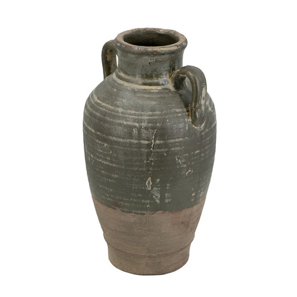 English Elm 8.7X8.7x15.7 Terracotta Amphora Vase Aged Green Glaze Handcrafted Old World Decor W2078P549366