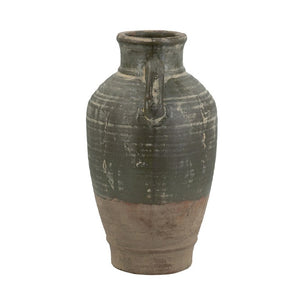 English Elm 8.7X8.7x15.7 Terracotta Amphora Vase Aged Green Glaze Handcrafted Old World Decor W2078P549366