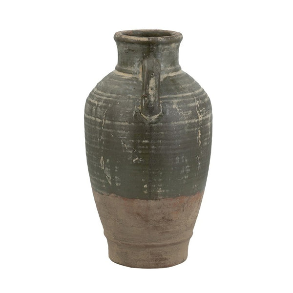 English Elm 8.7X8.7x15.7 Terracotta Amphora Vase Aged Green Glaze Handcrafted Old World Decor W2078P549366