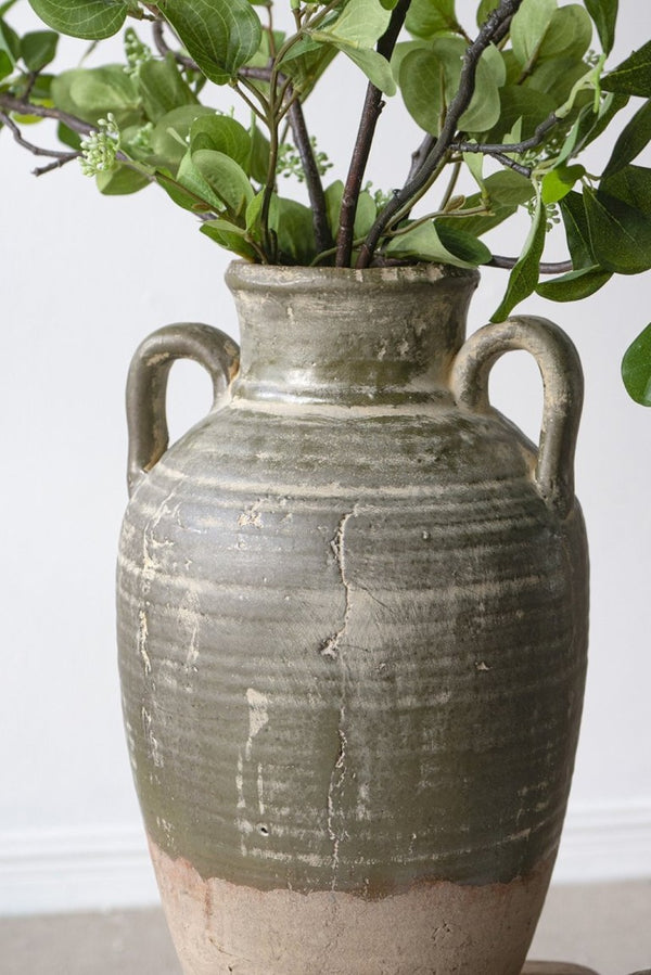 English Elm 8.7X8.7x15.7 Terracotta Amphora Vase Aged Green Glaze Handcrafted Old World Decor W2078P549366