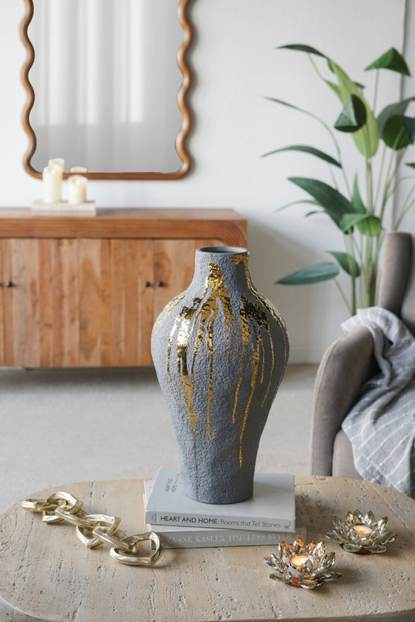 English Elm 10.2X10.2x19.7 Tall Ceramic Vase with Gold Drip Glaze Sculptural Statement Piece W2078P549374
