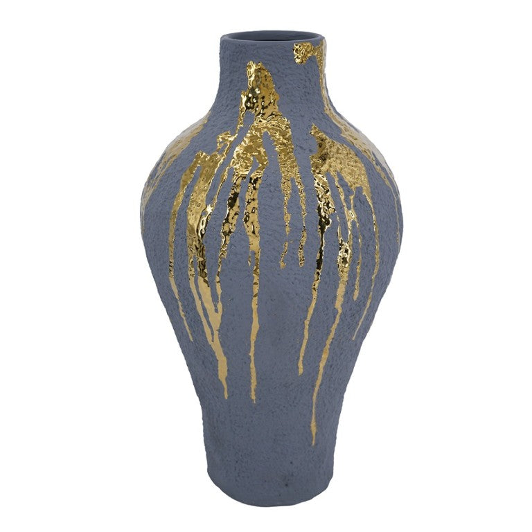 English Elm 10.2X10.2x19.7 Tall Ceramic Vase with Gold Drip Glaze Sculptural Statement Piece W2078P549374