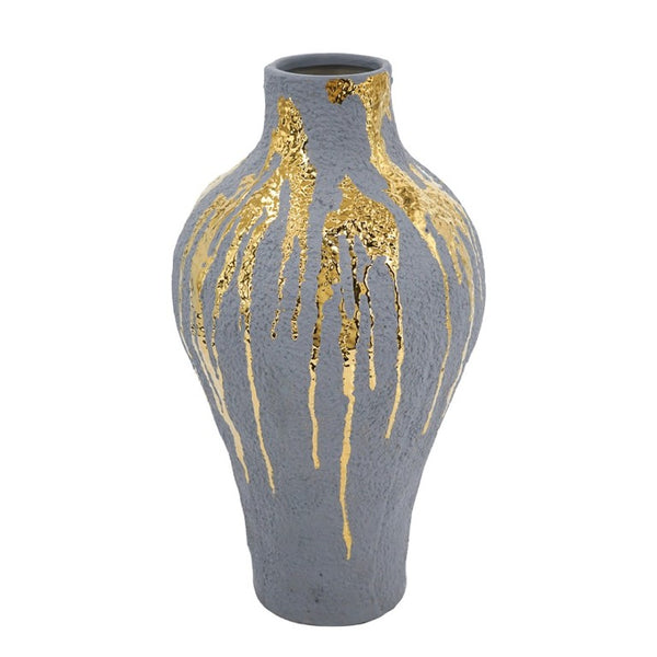 English Elm 10.2X10.2x19.7 Tall Ceramic Vase with Gold Drip Glaze Sculptural Statement Piece W2078P549374