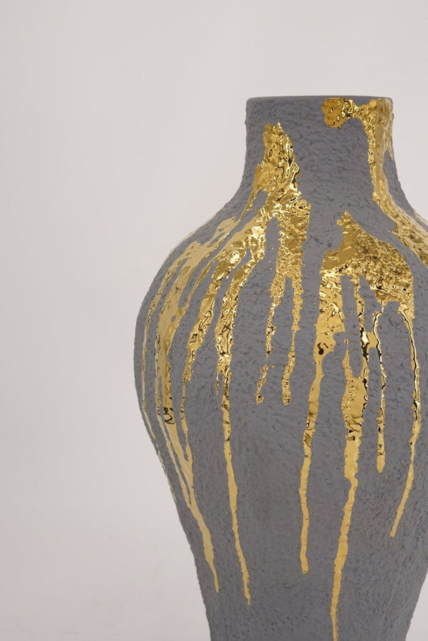English Elm 10.2X10.2x19.7 Tall Ceramic Vase with Gold Drip Glaze Sculptural Statement Piece W2078P549374