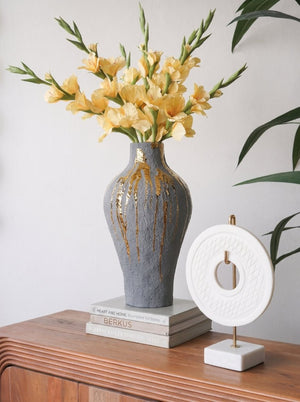 English Elm 10.2X10.2x19.7 Tall Ceramic Vase with Gold Drip Glaze Sculptural Statement Piece W2078P549374