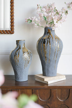 English Elm 10.2X10.2x19.7 Tall Ceramic Vase with Gold Drip Glaze Sculptural Statement Piece W2078P549374