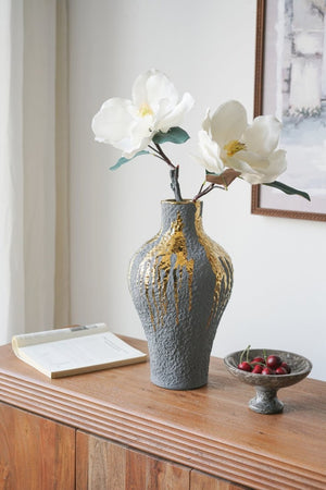 English Elm 9.1X9.1x16.3 Ceramic Vase Gold Drip Glaze Sculptural Centerpiece for Modern Home W2078P549375