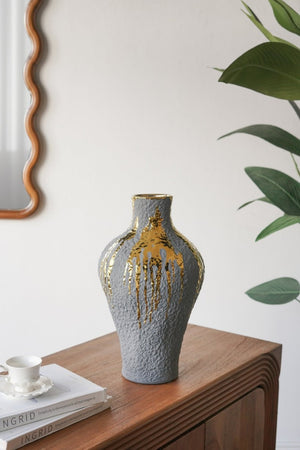 English Elm 9.1X9.1x16.3 Ceramic Vase Gold Drip Glaze Sculptural Centerpiece for Modern Home W2078P549375