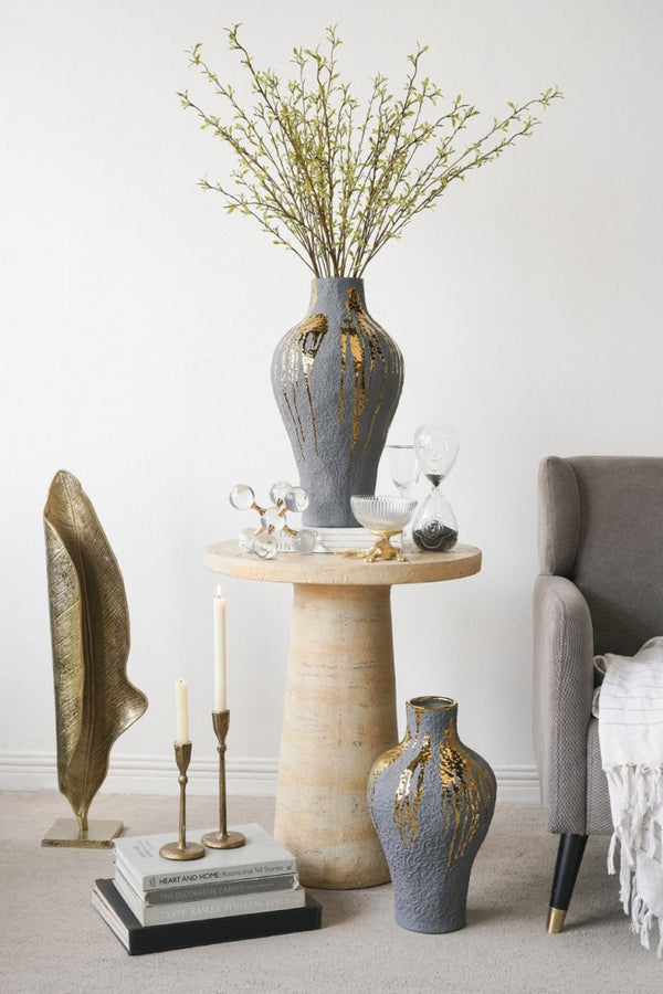 English Elm 9.1X9.1x16.3 Ceramic Vase Gold Drip Glaze Sculptural Centerpiece for Modern Home W2078P549375