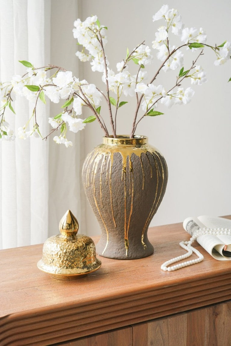 English Elm 8.5X8.5x16.3 Ceramic Ginger Jar Brown Molten Gold Drip Glaze Sculptural Urn with Lid W2078P549382