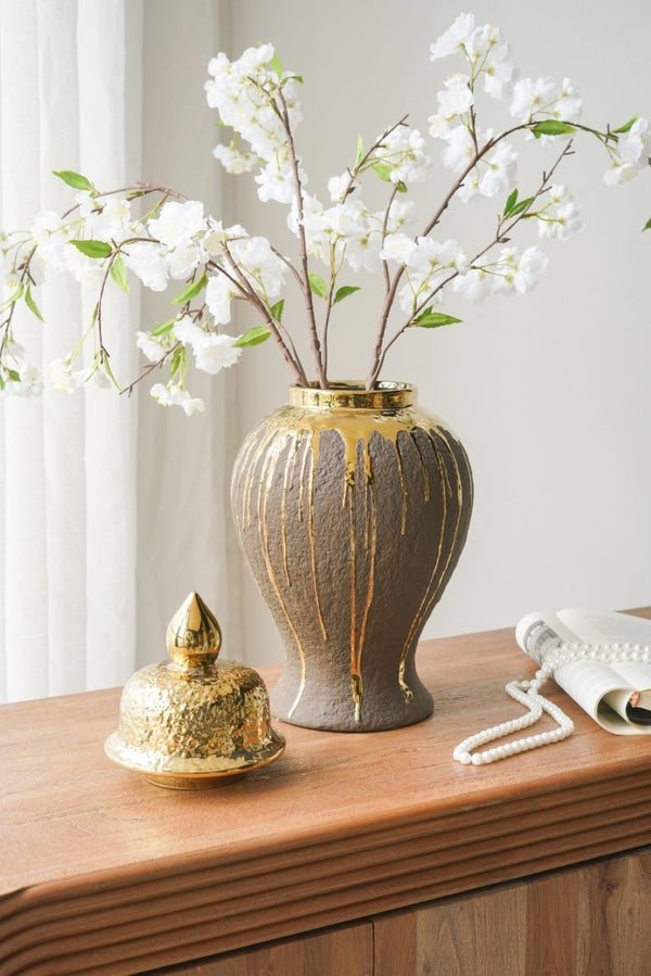 English Elm 8.5X8.5x16.3 Ceramic Ginger Jar Brown Molten Gold Drip Glaze Sculptural Urn with Lid W2078P549382