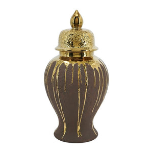 English Elm 8.5X8.5x16.3 Ceramic Ginger Jar Brown Molten Gold Drip Glaze Sculptural Urn with Lid W2078P549382
