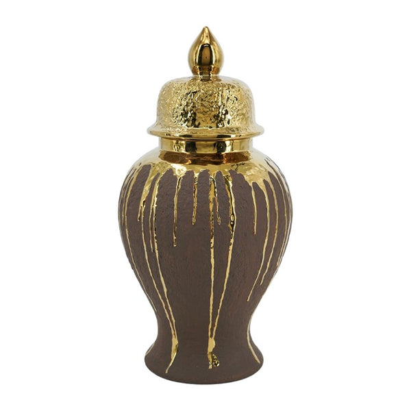 English Elm 8.5X8.5x16.3 Ceramic Ginger Jar Brown Molten Gold Drip Glaze Sculptural Urn with Lid W2078P549382