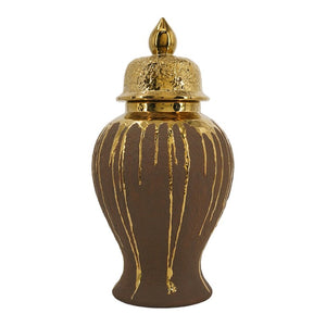 English Elm 8.5X8.5x16.3 Ceramic Ginger Jar Brown Molten Gold Drip Glaze Sculptural Urn with Lid W2078P549382