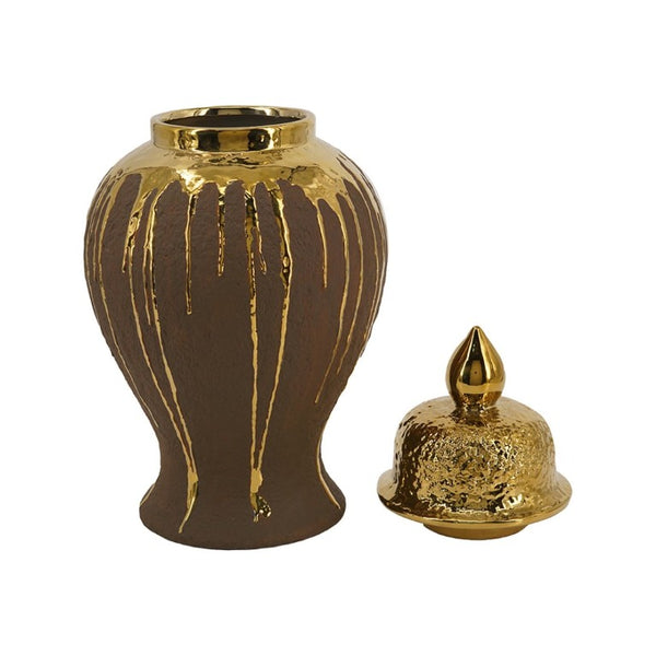 English Elm 8.5X8.5x16.3 Ceramic Ginger Jar Brown Molten Gold Drip Glaze Sculptural Urn with Lid W2078P549382