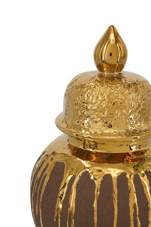 English Elm 8.5X8.5x16.3 Ceramic Ginger Jar Brown Molten Gold Drip Glaze Sculptural Urn with Lid W2078P549382
