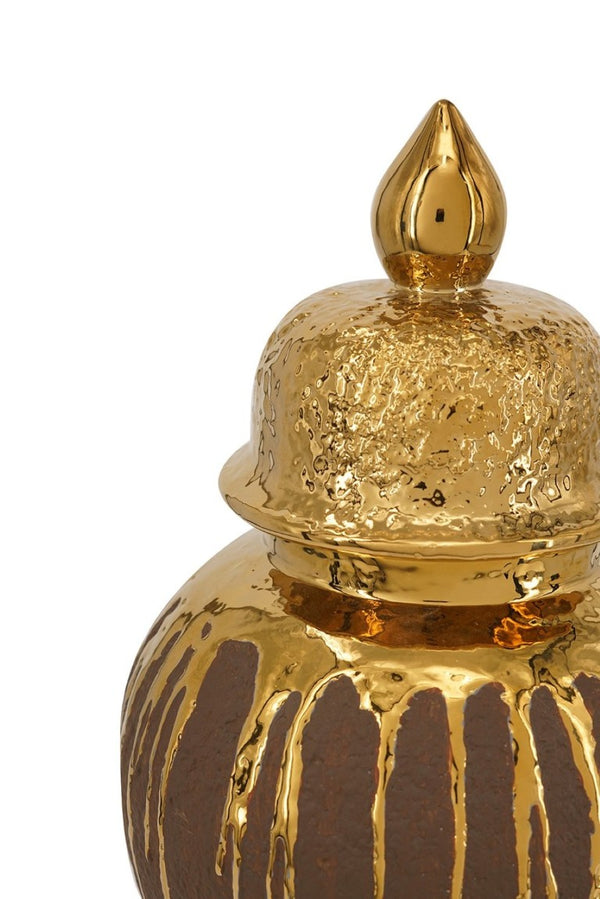 English Elm 8.5X8.5x16.3 Ceramic Ginger Jar Brown Molten Gold Drip Glaze Sculptural Urn with Lid W2078P549382