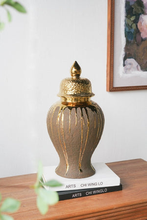 English Elm 8.5X8.5x16.3 Ceramic Ginger Jar Brown Molten Gold Drip Glaze Sculptural Urn with Lid W2078P549382