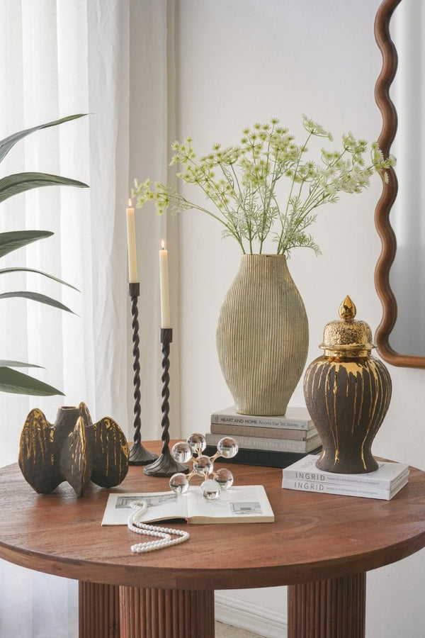 English Elm 8.5X8.5x16.3 Ceramic Ginger Jar Brown Molten Gold Drip Glaze Sculptural Urn with Lid W2078P549382