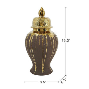 English Elm 8.5X8.5x16.3 Ceramic Ginger Jar Brown Molten Gold Drip Glaze Sculptural Urn with Lid W2078P549382