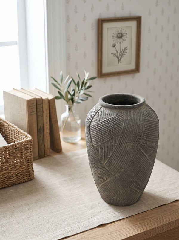 English Elm D9.8x13.8 Terracotta Floor Vase Hand Carved Cross Hatch Texture Weathered Clay Decor W2078P553185