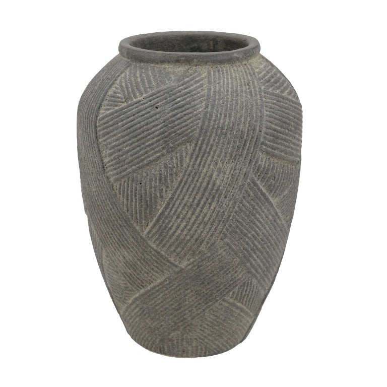 English Elm D9.8x13.8 Terracotta Floor Vase Hand Carved Cross Hatch Texture Weathered Clay Decor W2078P553185