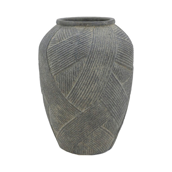 English Elm D9.8x13.8 Terracotta Floor Vase Hand Carved Cross Hatch Texture Weathered Clay Decor W2078P553185