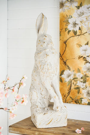 English Elm 10.2X9.1x29.9 Magnesium Sitting Rabbit Statue Weathered Antique White Pedestal Garden W2078P554655