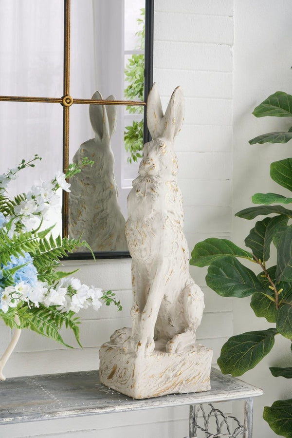 English Elm 10.2X9.1x29.9 Magnesium Sitting Rabbit Statue Weathered Antique White Pedestal Garden W2078P554655