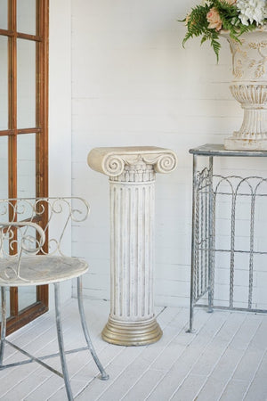 English Elm 12.8X10x30.9 Neoclassical Ribbed Column Pedestal in Antique White with Gold Scrollwork Accent W2078P555456