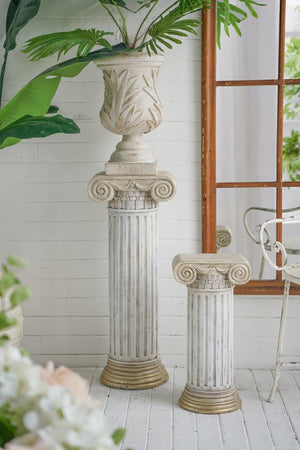 English Elm 12.8X10x30.9 Neoclassical Ribbed Column Pedestal in Antique White with Gold Scrollwork Accent W2078P555456