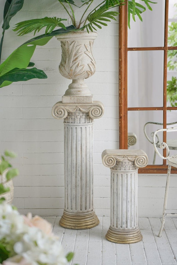 English Elm 12.8X10x30.9 Neoclassical Ribbed Column Pedestal in Antique White with Gold Scrollwork Accent W2078P555456
