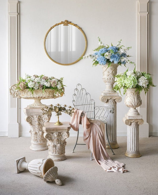 English Elm 12.8X10x30.9 Neoclassical Ribbed Column Pedestal in Antique White with Gold Scrollwork Accent W2078P555456