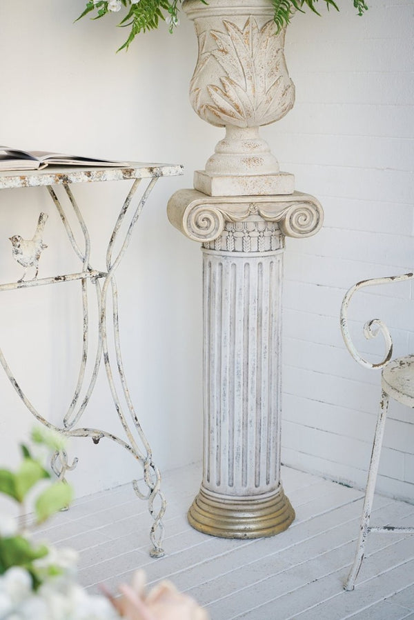 English Elm 12.8X10x30.9 Neoclassical Ribbed Column Pedestal in Antique White with Gold Scrollwork Accent W2078P555456