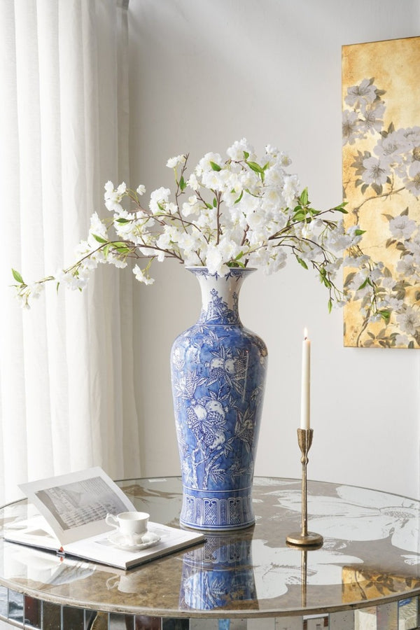 English Elm D9.1x24.4 Handpainted Cobalt Chinoiserie Porcelain Floor Vase with Pomegranate Botanical Motifs W2078P556185