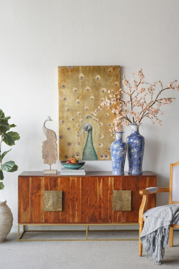 English Elm D9.1x24.4 Handpainted Cobalt Chinoiserie Porcelain Floor Vase with Pomegranate Botanical Motifs W2078P556185
