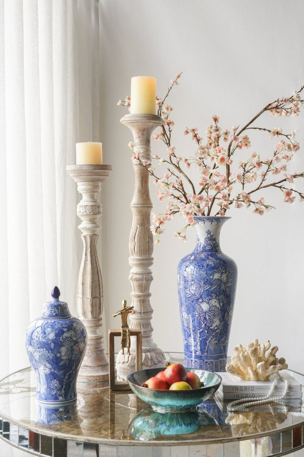 English Elm D9.1x24.4 Handpainted Cobalt Chinoiserie Porcelain Floor Vase with Pomegranate Botanical Motifs W2078P556185