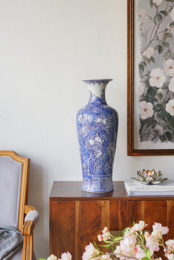 English Elm D9.1x24.4 Handpainted Cobalt Chinoiserie Porcelain Floor Vase with Pomegranate Botanical Motifs W2078P556185