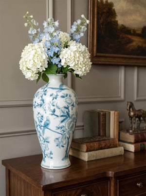 English Elm D8.3x17.3 Chinoiserie Porcelain Baluster Vase Songbird Peony Mirror Glaze Mantel Accent W2078P556188