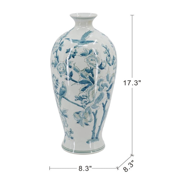 English Elm D8.3x17.3 Chinoiserie Porcelain Baluster Vase Songbird Peony Mirror Glaze Mantel Accent W2078P556188